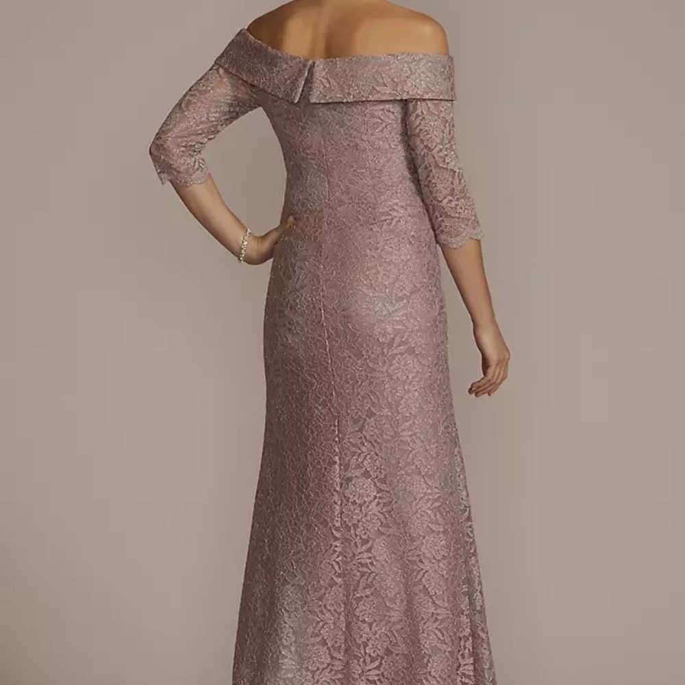 NWT Oleg Cassini Off-Shoulder Elegant V Neck Ruched Lace Dress Gown Wedding MOTB - Picture 3 of 14
